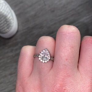 Estate Pear Shaped moissanite diamond Halo Bridal Ring stamped 925